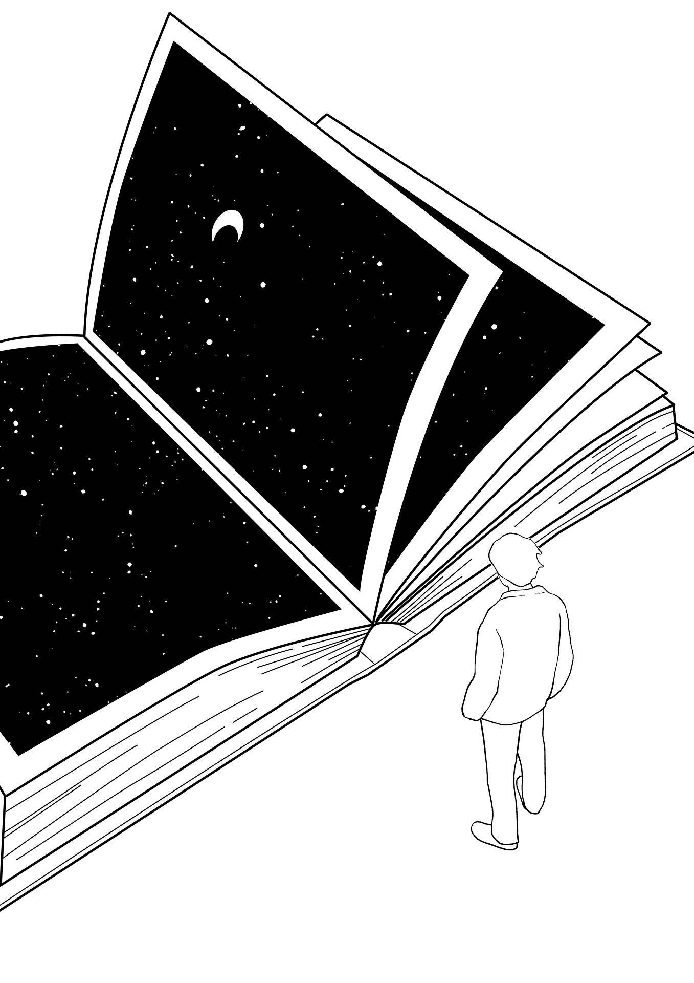 black and white sketch of a man looking in a very large book that has a picture of the moon and stars